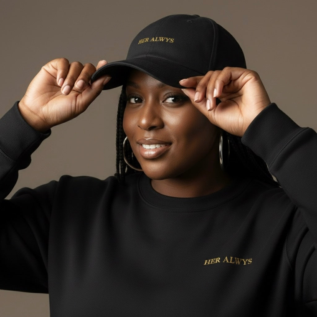 Person wearing a black cap and sweatshirt with 'HER ALWYS' text on a brown background