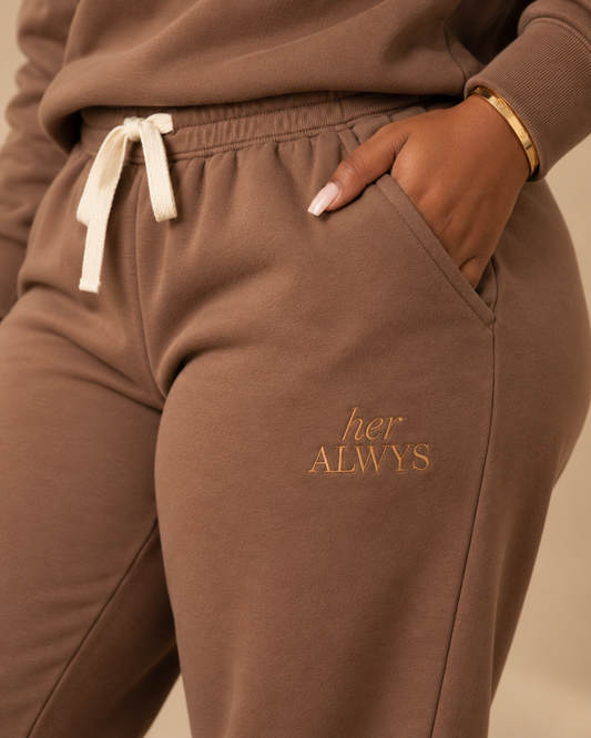 her ALWYS joggers, espresso