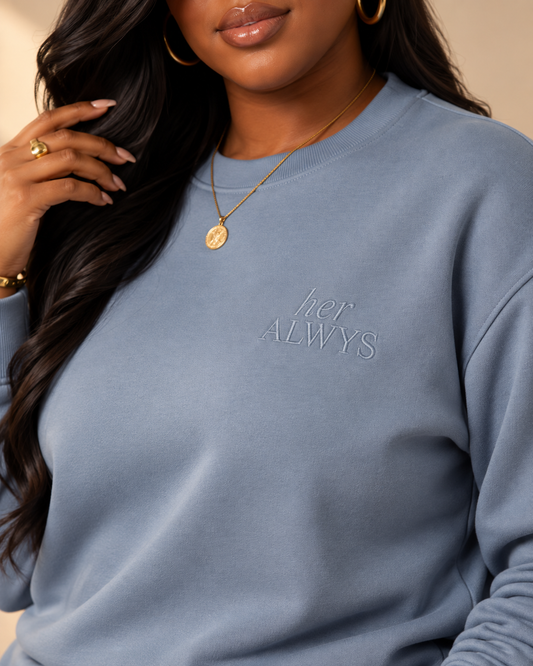 her ALWYS sweatshirt, blue